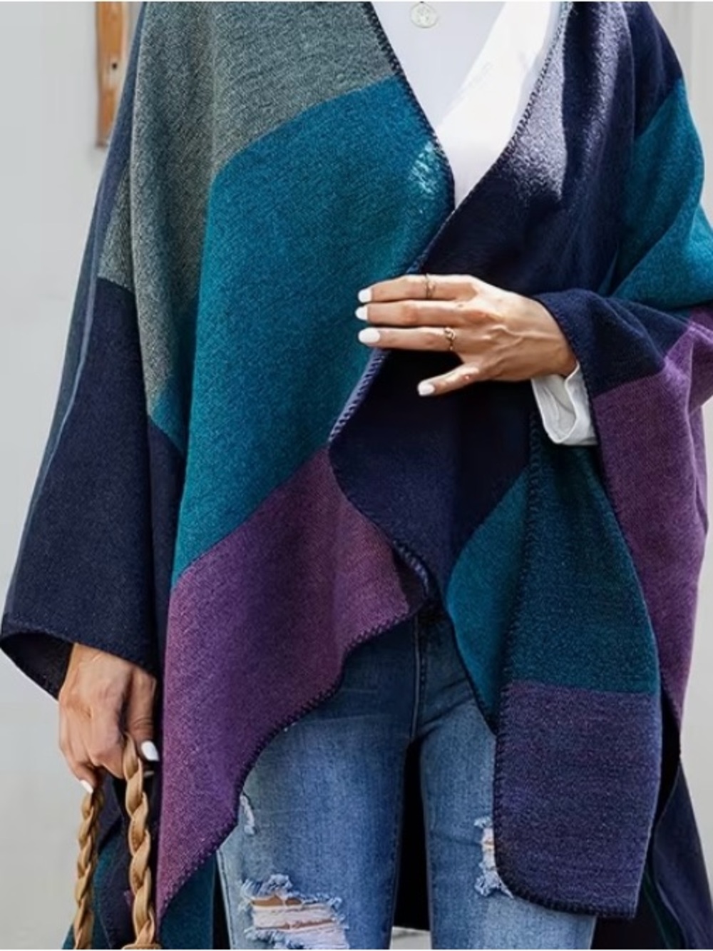 Colorblock Open Front Knit Poncho - Navy, Teal & Purple